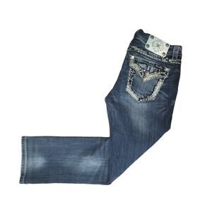Miss Me  Cropped Jean Blue Pockets Rhinestone Embroidered Crop Low Rise 27